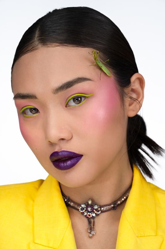 Beauty portrait: yellow eyeliner, purple lips, a mantis in the hair, yellow jacket