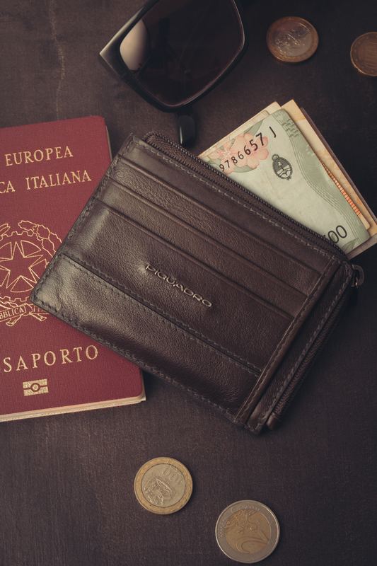 Leather card wallet with Italian passport, banknotes and coins, travel still life